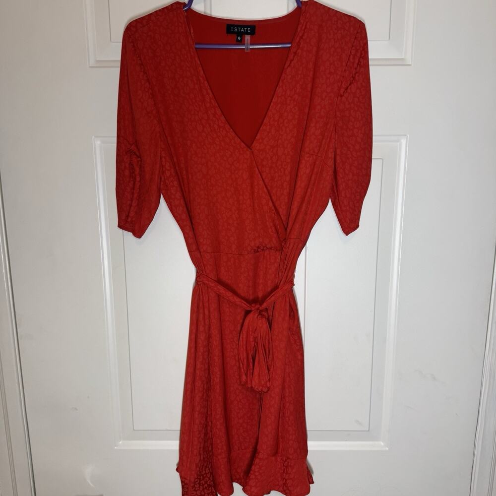 1.State Women's Red Jacquard Short Sleeve Surplice Wrap Mini Dress Size 6
